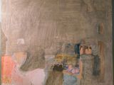 a painting of a woman sitting on a couch in a living room