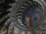 a close up view of a glass vase with feathers in it
