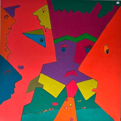 painting of a group of people with different colored faces on a red background