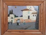 an oil painting of a village scene with a church in the background