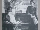 a black and white drawing of a man and a woman sitting at a piano