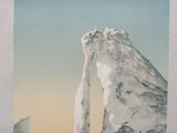 a picture of a picture of a person standing in front of a mountain