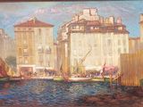 painting of a painting of boats in a harbor with buildings in the background