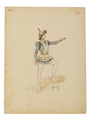 un dessin représentant une femme en robe, coiffée d'un chapeau