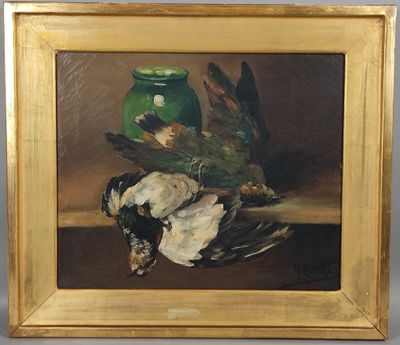 painting of two dead birds and a green vase on a table