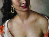 an oil painting of a woman with a guitar in her hand
