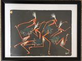 painting of a group of dancers with feathers in a black frame