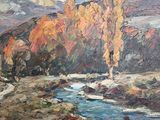 an oil painting of a river running through a forest filled with trees