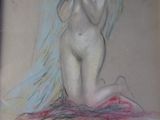 dessin représentant une femme nue assise sur un tapis, la tête entre les mains