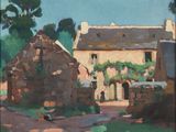 une peinture à l'huile représentant une maison et un chien devant un bâtiment en pierre