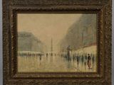 une peinture à l'huile représentant des personnes marchant sous la pluie dans une rue de la ville