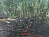 a picture of a painting of a river with grass and flowers