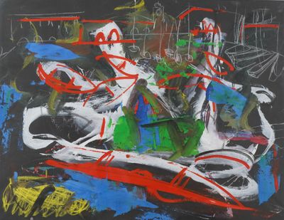 abstract painting of a man on a motor bike with graffiti on it