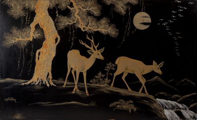 un tableau représentant deux cerfs dans les bois, la nuit