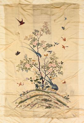 une photo d'une tenture murale ornée d'oiseaux et de fleurs