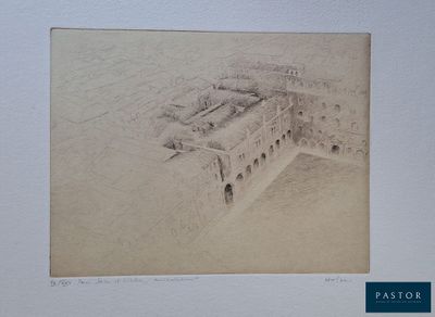 un vieux dessin représentant un bâtiment avec une tour au milieu