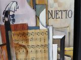 a picture of a painting of a violin and sheet music