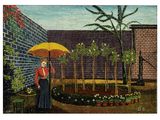 a painting of a woman holding an umbrella in a garden