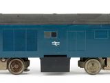 a blue and yellow train car on a white background