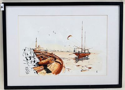 "Dubai, plage vers le Burj el arab". Dessin aquarellé. Trace…