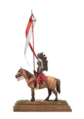 statue of a man on a horse holding a flag and a flag pole