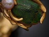 close up of a green beetle with a pearl in it ' s mouth