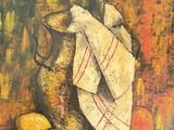a painting of a vase and lemons on a table