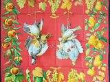 deux oiseaux suspendus à un foulard rouge