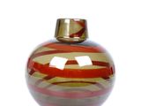a red and gold striped vase on a white background