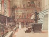une photo d'un tableau représentant une église devant laquelle se tient une femme