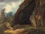 une peinture représentant une grotte au milieu des bois