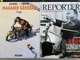 two covers of magazines with a man on a motorcycle