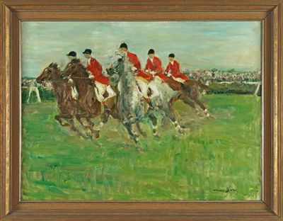 un tableau représentant un groupe d'hommes à cheval dans un champ