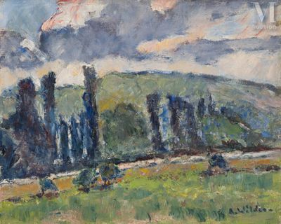 l'image d'une peinture d'un champ avec des arbres en arrière-plan