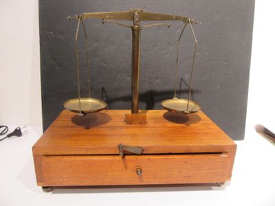 a scale that is on top of a wooden box
