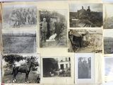 several old black and white photos of people and horses in a field