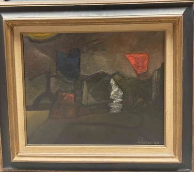 framed oil painting of a horse and rider in a stable by a man