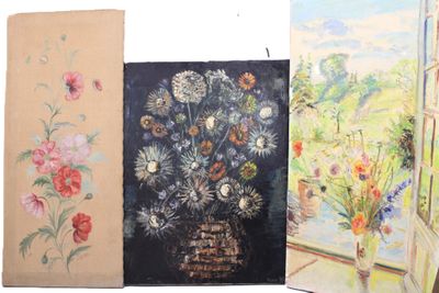 four paintings of flowers in a vase on a table