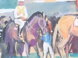 a painting of a group of people riding horses