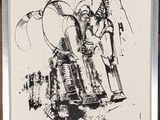an image of a black and white drawing of a man on a motorcycle
