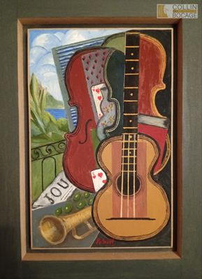 tableau représentant une guitare, un violon, une trompette et d'autres instruments de musique