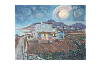 an oil painting of a house on a hill with a full moon in the background
