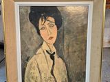 painting of a woman in a white shirt and black tie in a gold frame