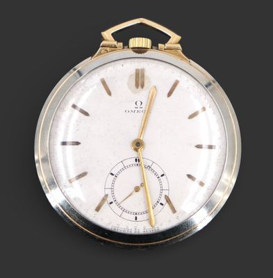 OMEGA. Montre à gousset en acier et or jaune 18K avec trotte…