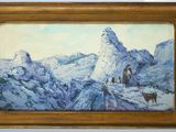 painting of a mountain scene with trees and a church in the background