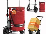 a red shopping cart with a box on it and a cart with a box on it