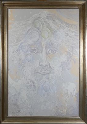 tableau représentant le visage d'un homme, dans un cadre doré, accroché au mur