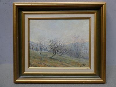 une peinture à l'huile représentant un paysage avec des arbres au premier plan