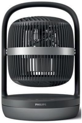 a black fan sitting on top of a table next to a white wall