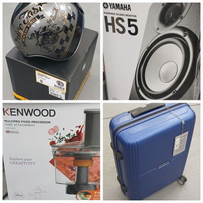 four different pictures of a blue suitcase with a helmet on top and a blue suitcase with a helmet on top